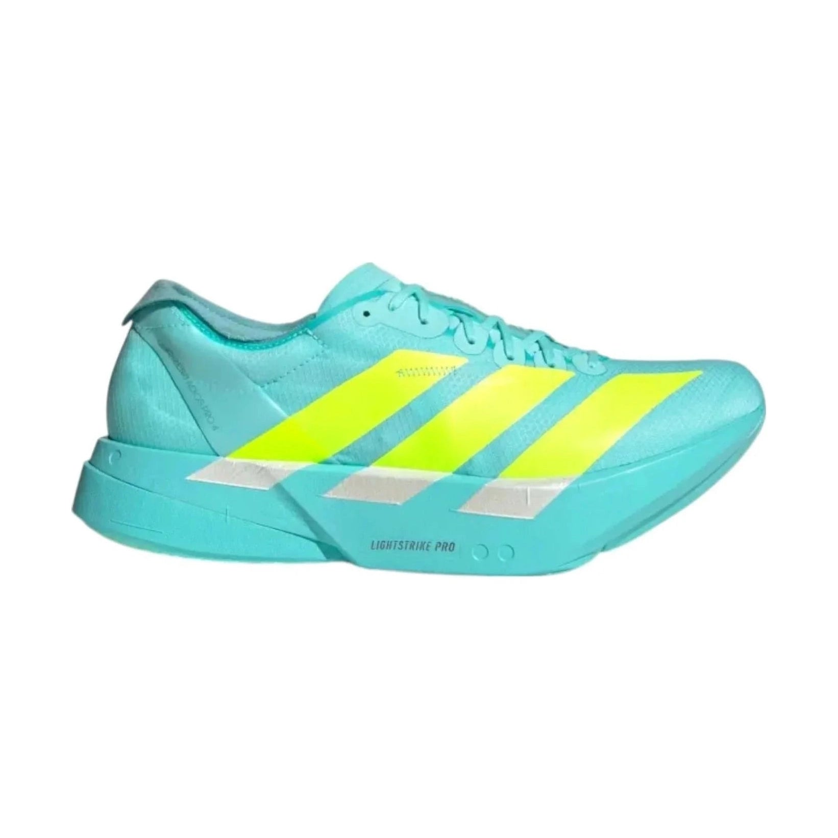 Turquoise athletic shoe with yellow stripes on a white background