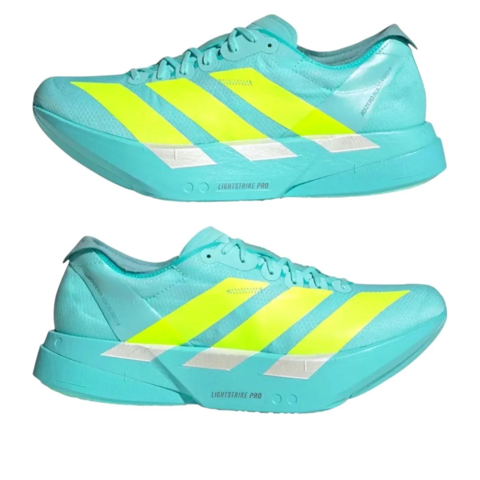 Turquoise running shoes with yellow stripes on a white background