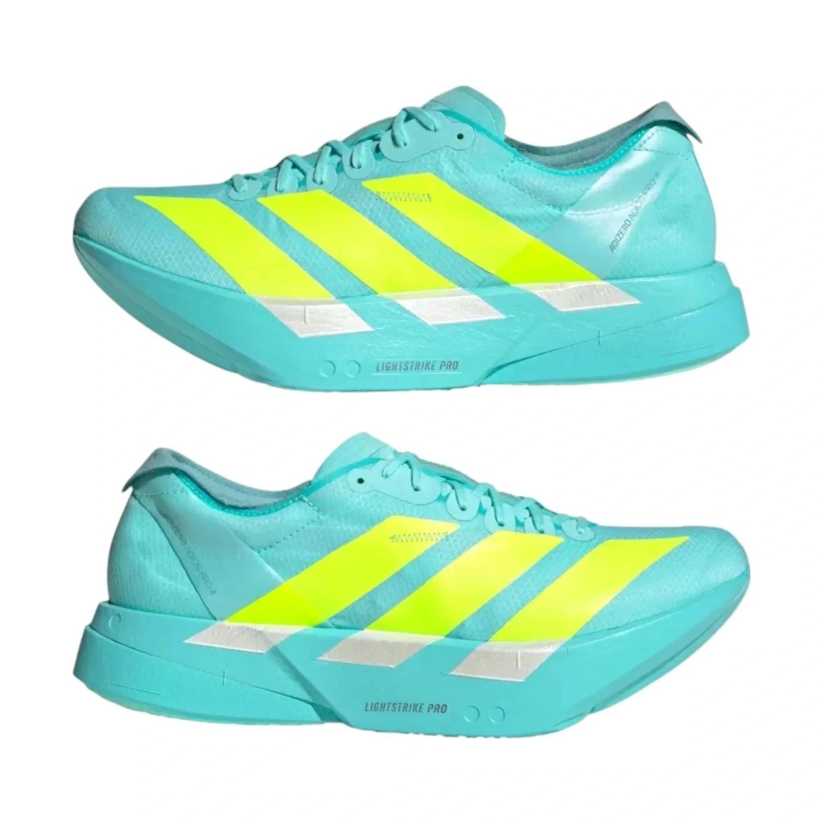 Turquoise running shoes with yellow stripes on a white background