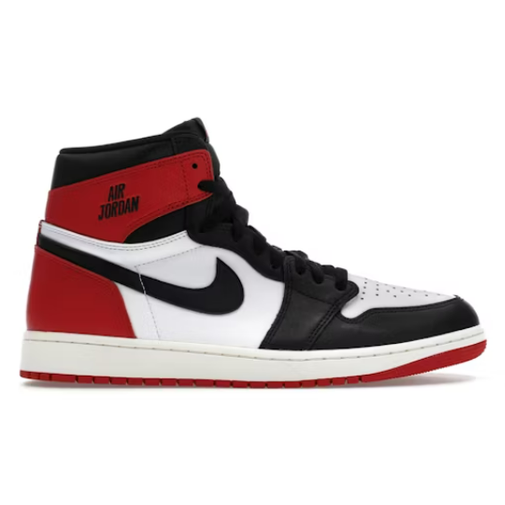 Black, white and red high-top sneaker with visible Air Jordan logo, streetwear footwear