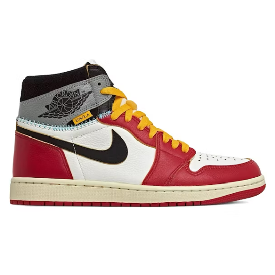 Red, white, and black high-top sneaker with yellow laces, designer streetwear style.