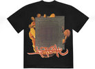 Black streetwear t-shirt with abstract graphic, orange hand, and bold graffiti text on back.