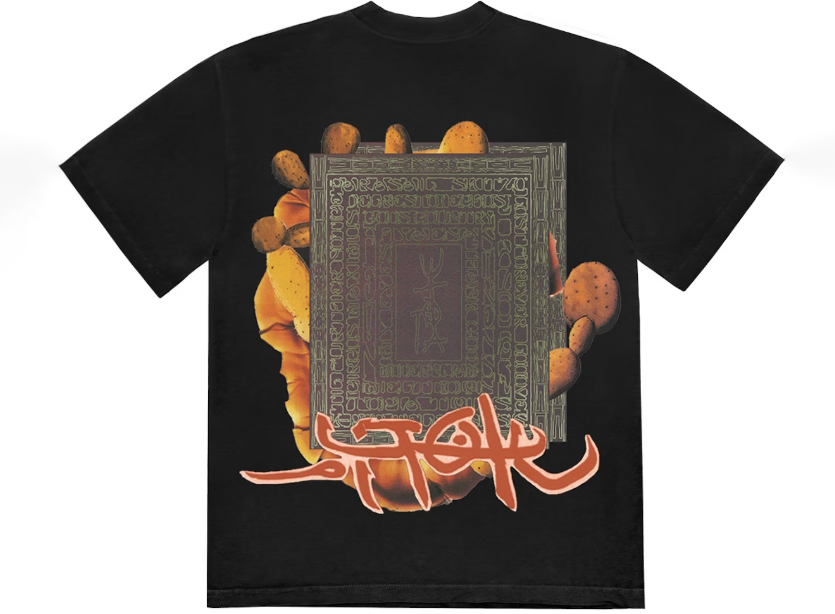 Black streetwear t-shirt with abstract graphic, orange hand, and bold graffiti text on back.