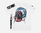 White streetwear t-shirt with bold graphic art, featuring a heart, blue rings, and abstract patterns