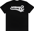 Black streetwear t-shirt with bold white graphic logo text on the back