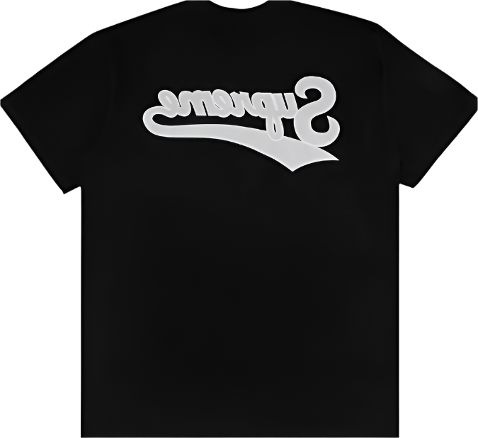 Black streetwear t-shirt with bold white graphic logo text on the back