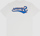 White streetwear T-shirt with bold blue and orange graphic script on the back