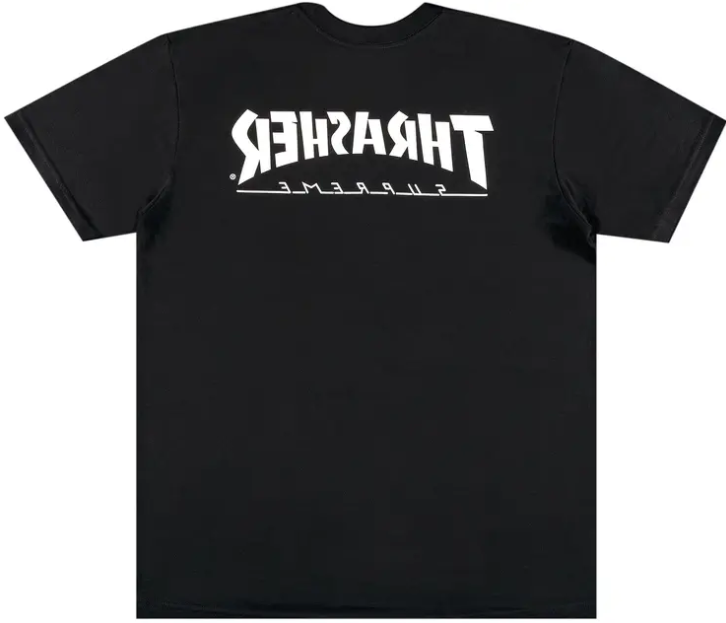 Black streetwear t-shirt with large white THRASHER SUPREME logo on the back