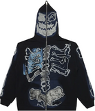 Black zip-up hoodie with blue and gray skeleton graphic print, full-face hood design