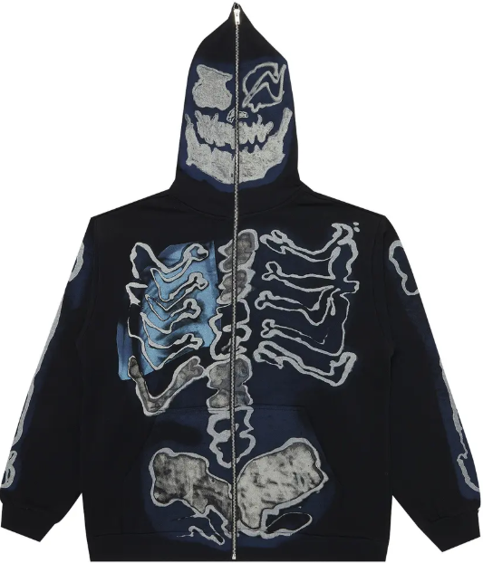 Black zip-up hoodie with blue and gray skeleton graphic print, full-face hood design
