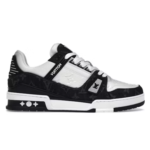 Black and white designer low-top sneaker with monogram pattern and distinctive logo details