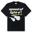 Black streetwear t-shirt with 'speed of light' graphic, physics text, and cartoon comets.