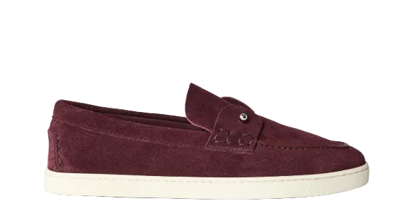 Maroon loafer shoe on a light gray background
