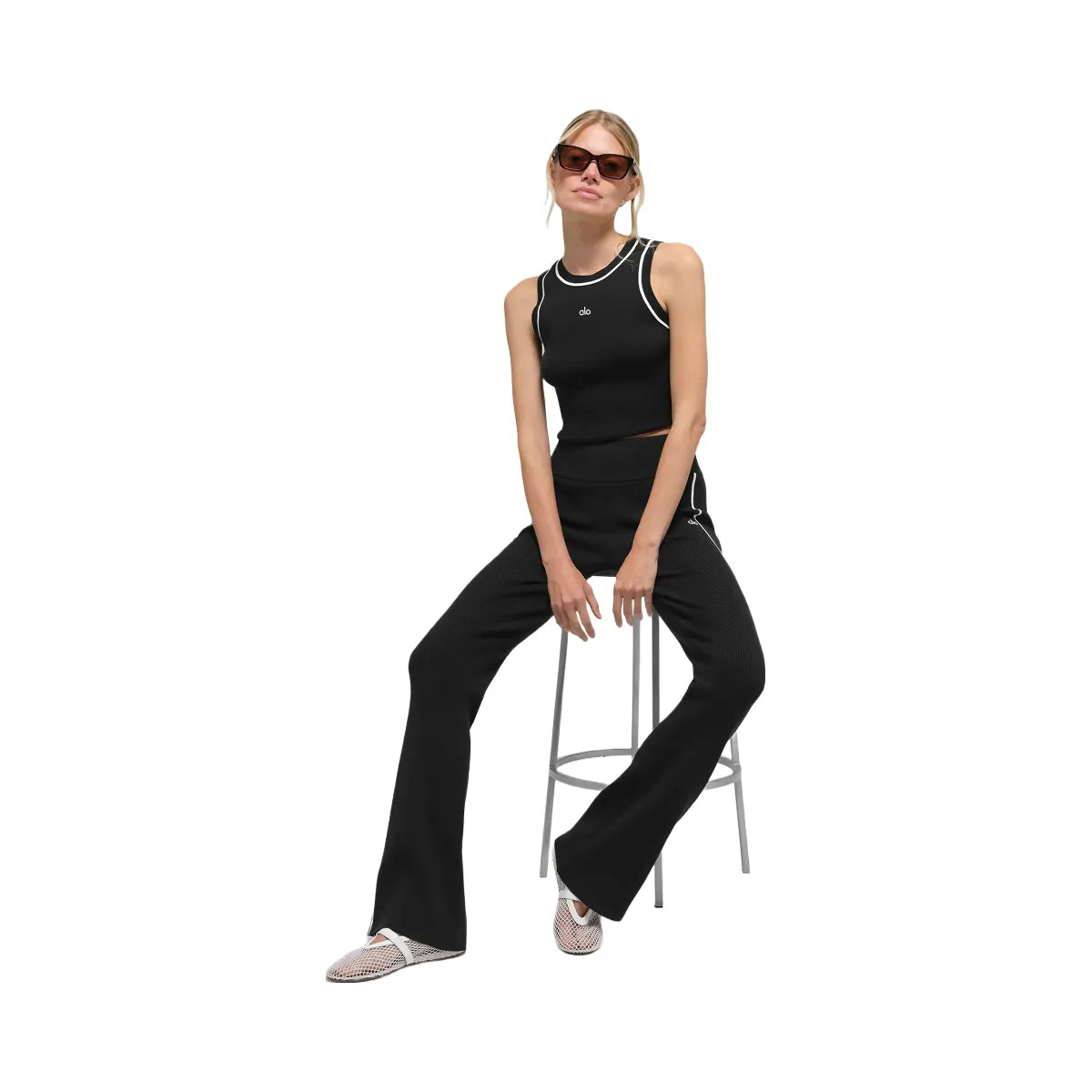 Alo Women's Ribbed Sweater Knit Highline Flare Pant - Black/White