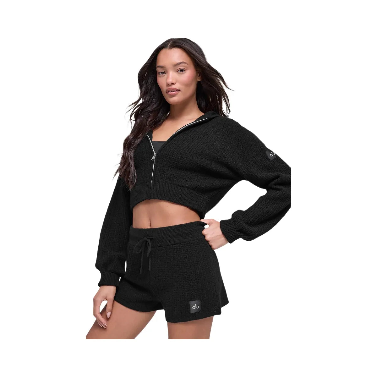 Alo Women's Cashmere Plush Waffle Full Zip Hoodie - Black