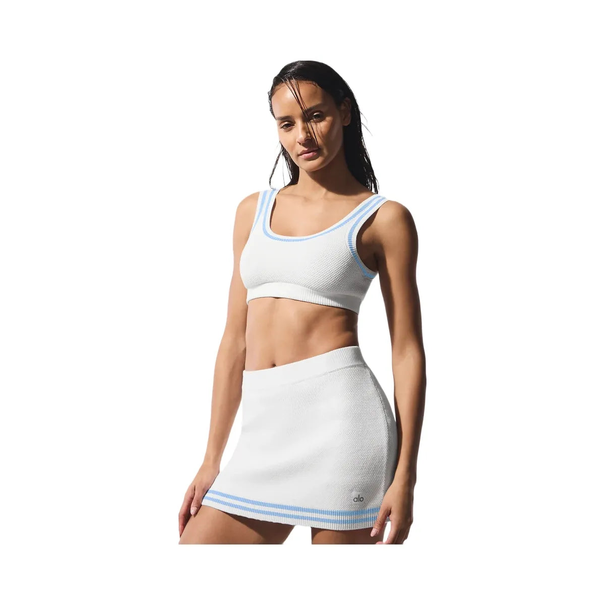 Alo Women's Tennis Club Sweater Knit Bra - White/Seashell Blue