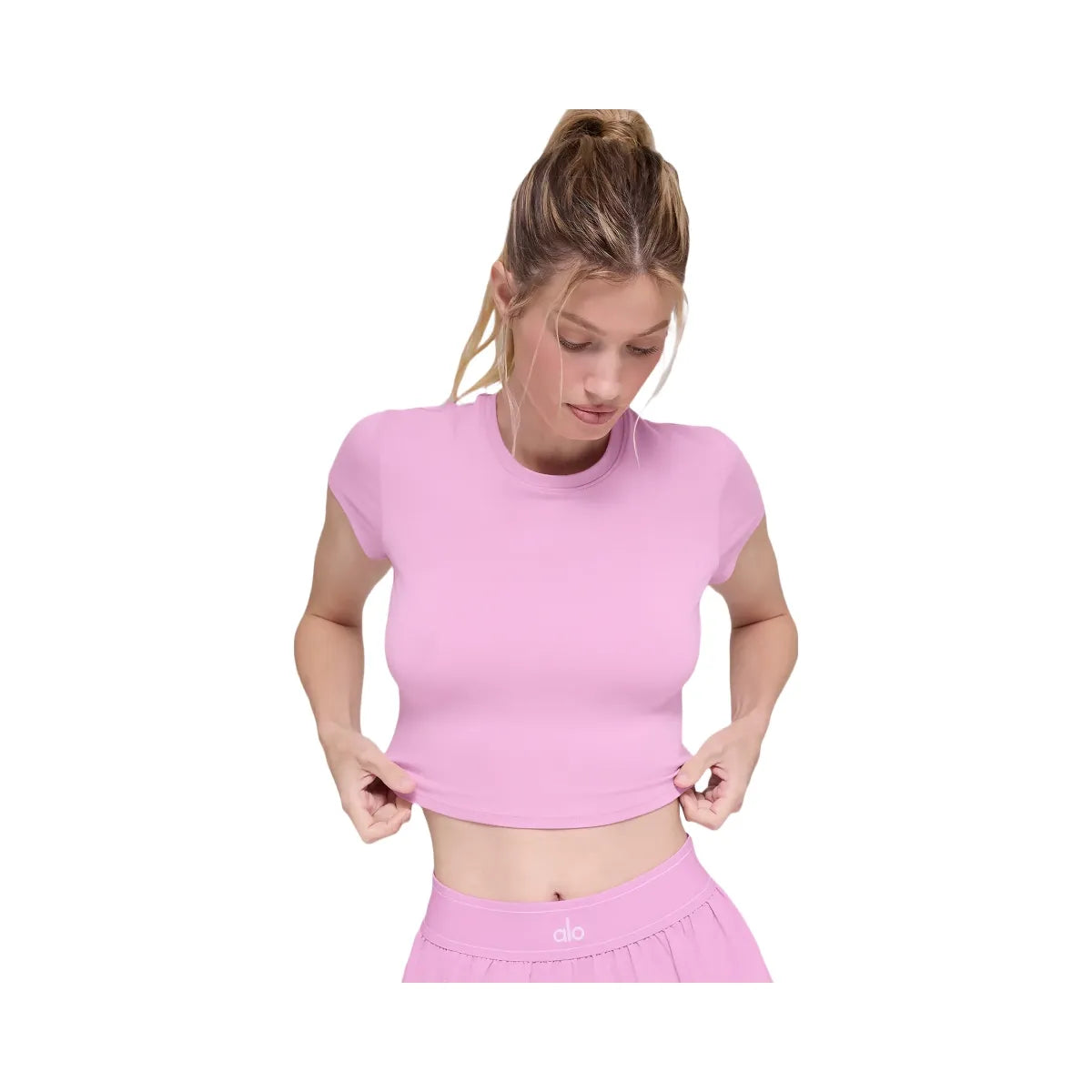 Alo Women's soft Crop Finesse Short Sleeve - Candy Heart Pink