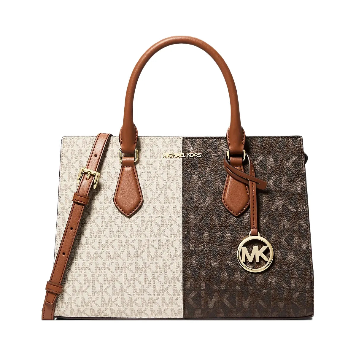 Michael Kors Sheila Medium Two-Tone Metallic Signature Logo Satchel Brown Multi