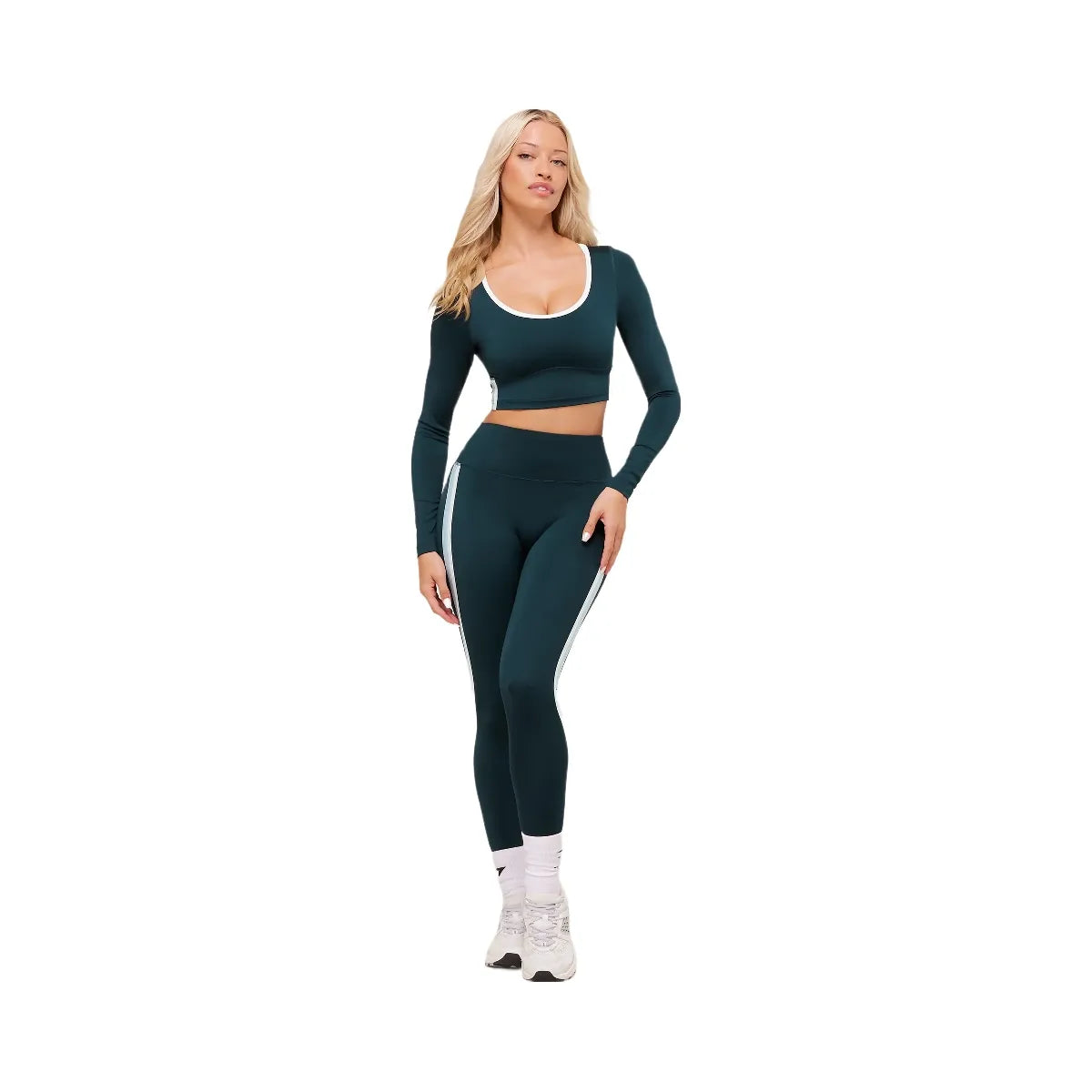 Gymshark Piping Long Sleeve Crop Top - Deep Petrol Blue/Smoke Blue/Soft White