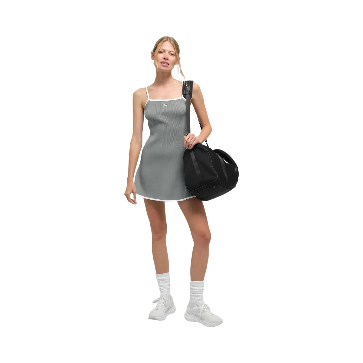 Alo Women's Ribbed Sweater Knit Highline Dress - Lunar Grey/White