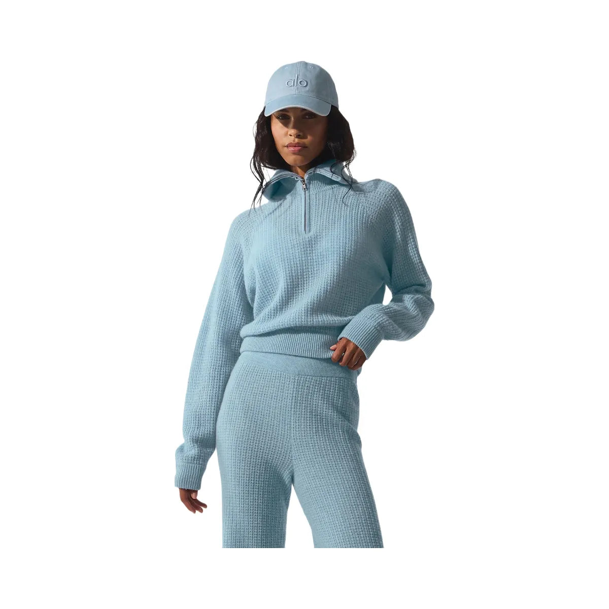 Alo Women's Cashmere Plush Waffle 1/4 Zip Pullover - Celestial Blue Heather