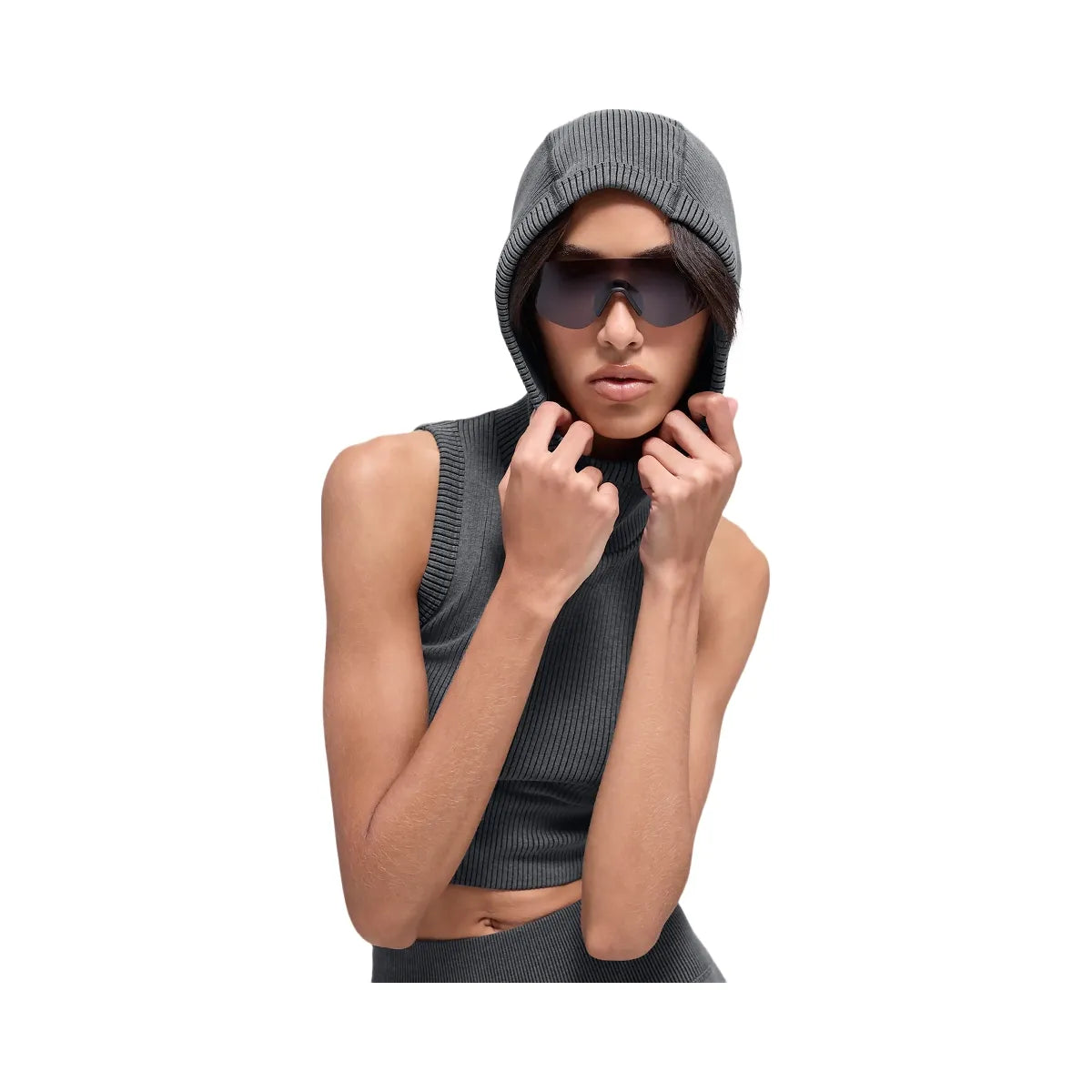 Alo Women's Seamless Two Tone Rib Hooded Vest - Dark Misty Grey Heather