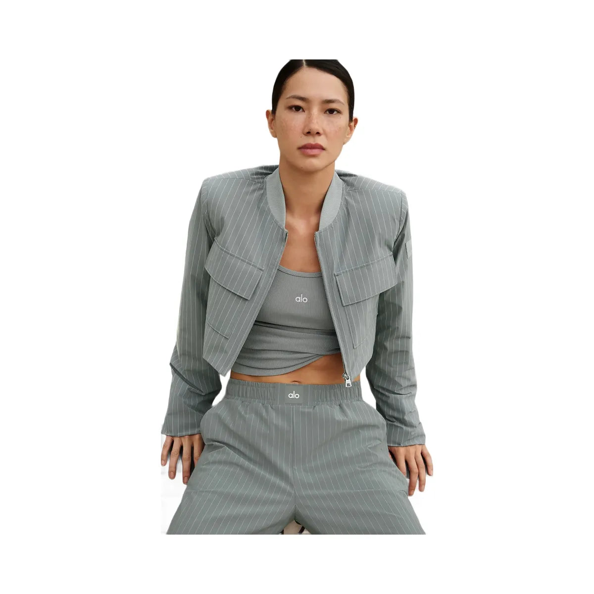 Alo Women's Cropped Pinstripe Main Character Full Zip Jacket - Lunar Grey/White