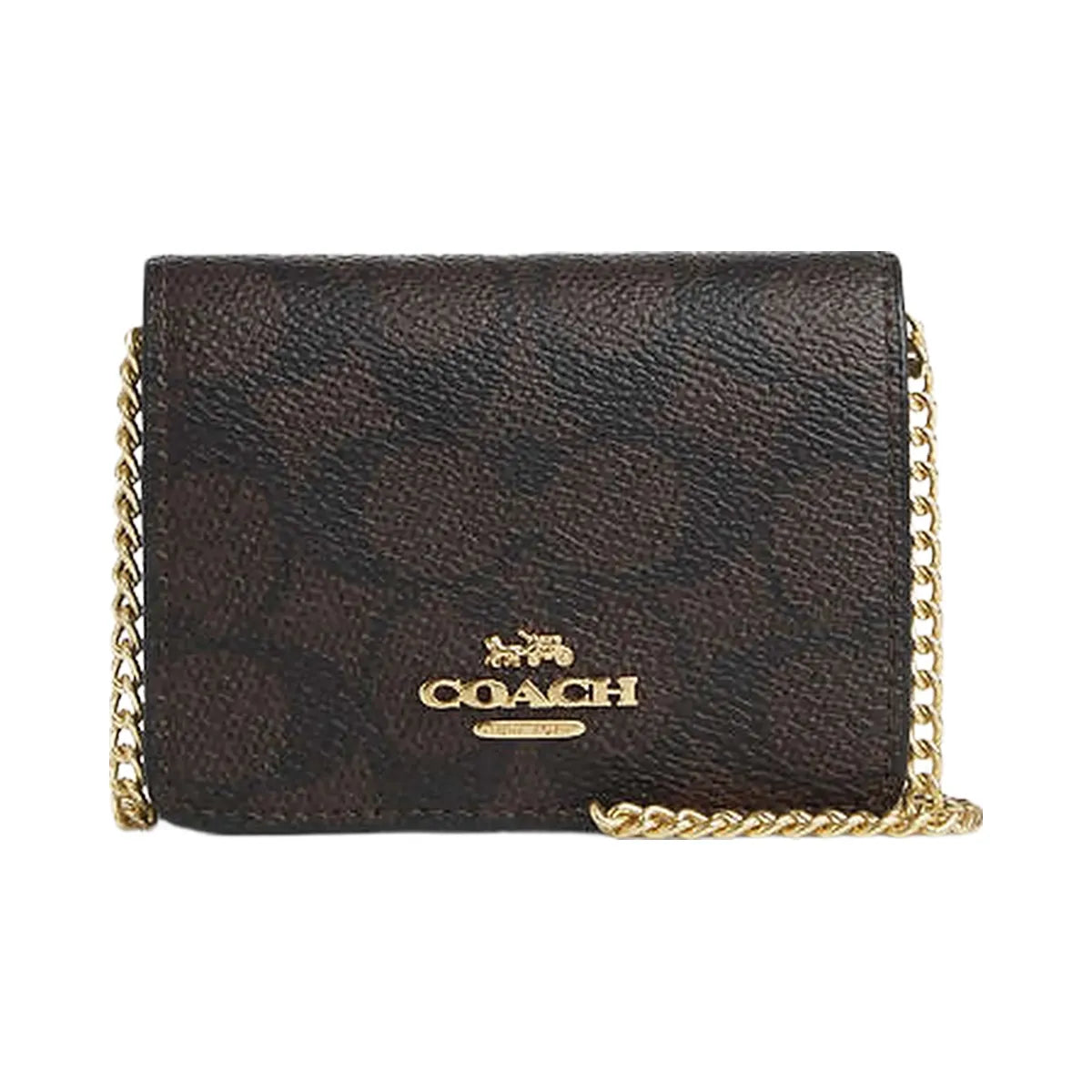 Coach Mini Wallet On A Chain In Signature Canvas Signature Canvas-Gold-Walnut-Black