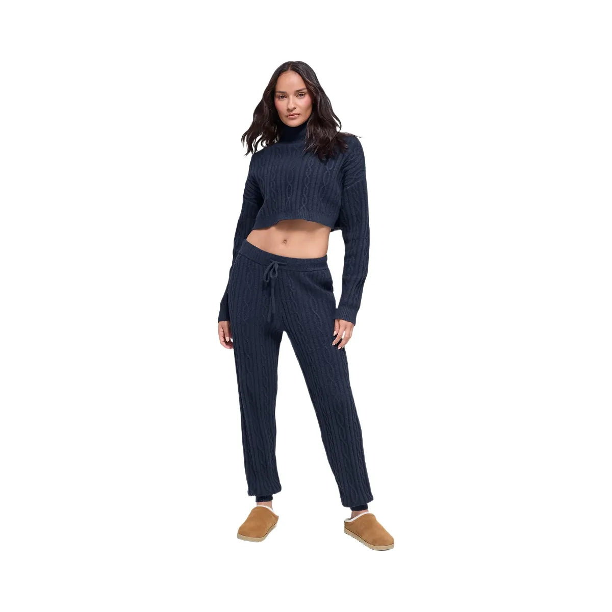 Alo Women's Cable Knit Cropped Winter Bliss Turtleneck Long Sleeve - Navy