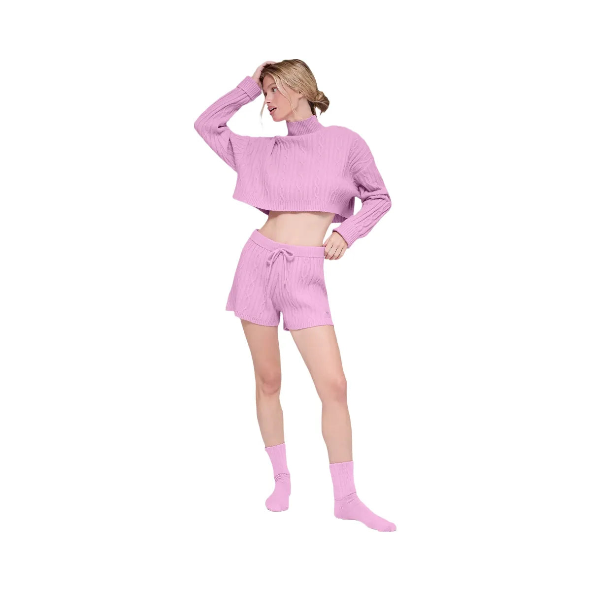 Alo Women's Cable Knit Cropped Winter Bliss Turtleneck Long Sleeve - Candy Heart Pink