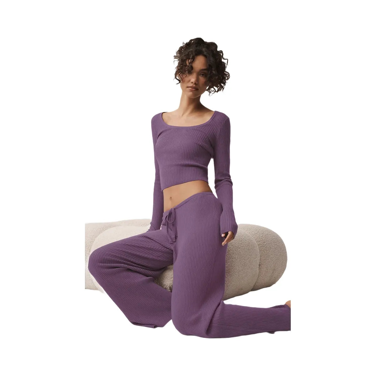 Alo Women's Sweater Knit Mid-Rise Unwind Wide Leg Pant - Plum Kiss