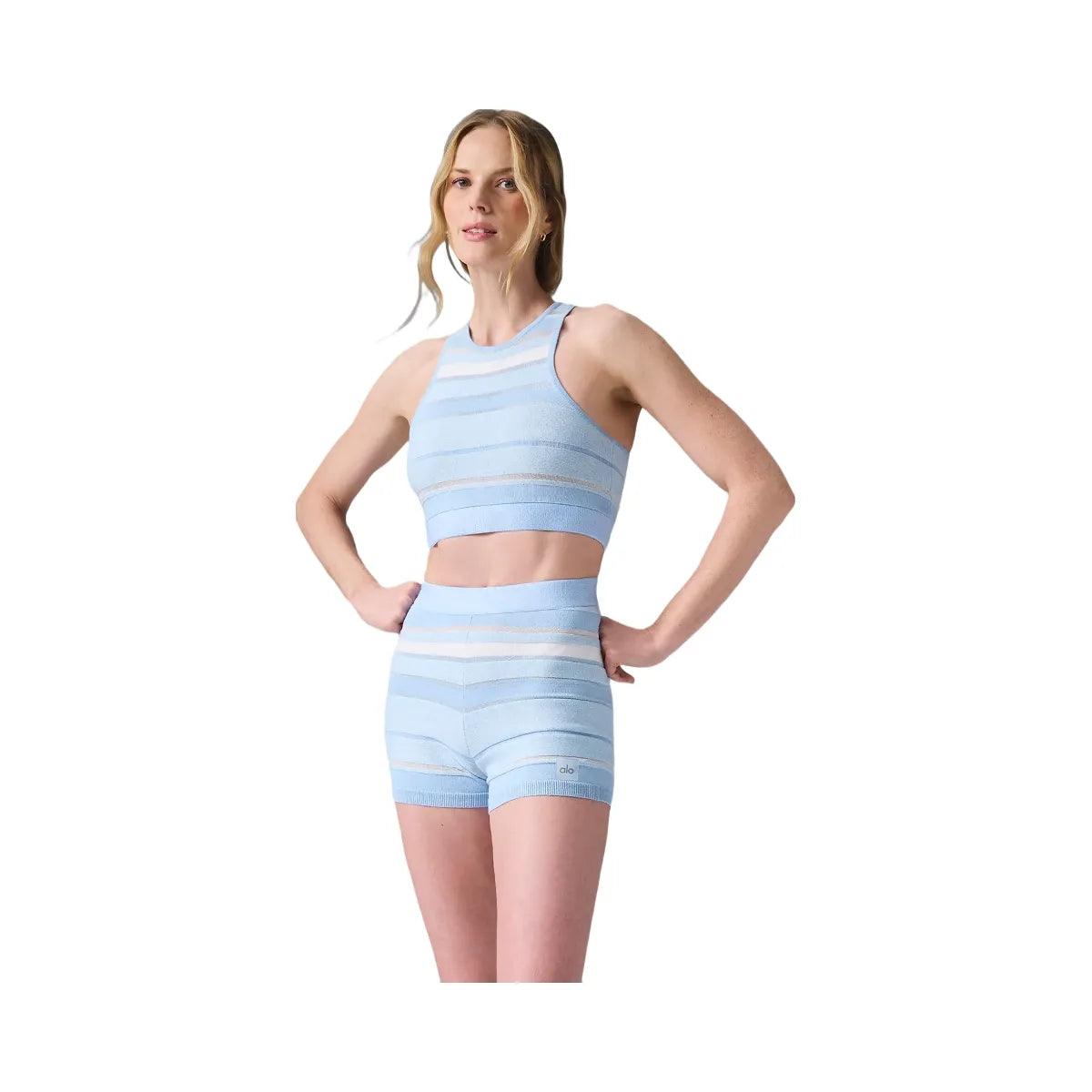 Alo Women's Sport Play High-Waist Knit Short - Seashell Blue/Ivory