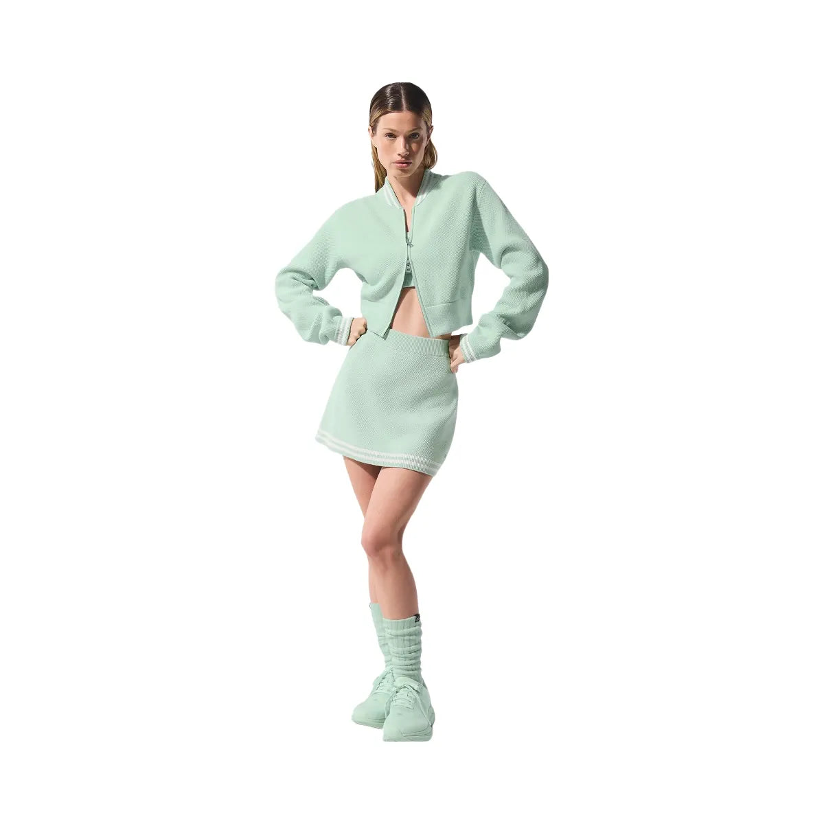 Alo Women's Tennis Club Sweater Knit Full Zip Jacket - Spearmint/White