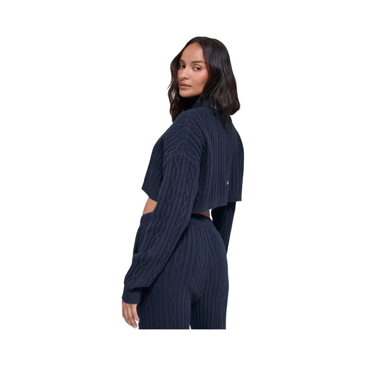Alo Women's Cable Knit Cropped Winter Bliss Turtleneck Long Sleeve - Navy