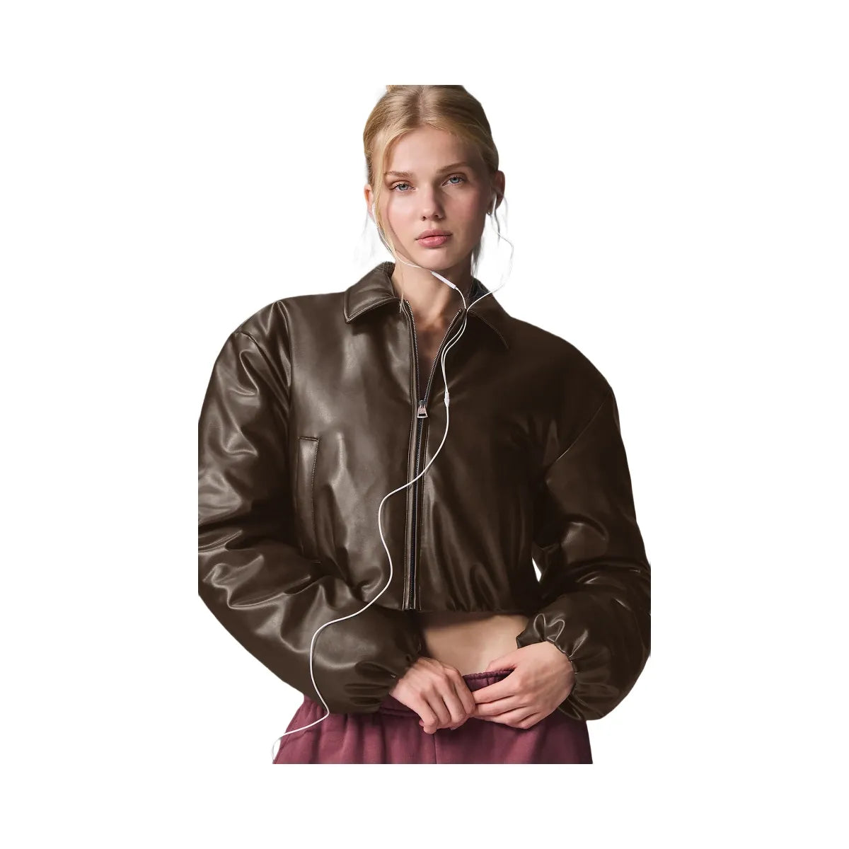 Alo Women's Faux Leather Cropped Premier Bomber - Espresso