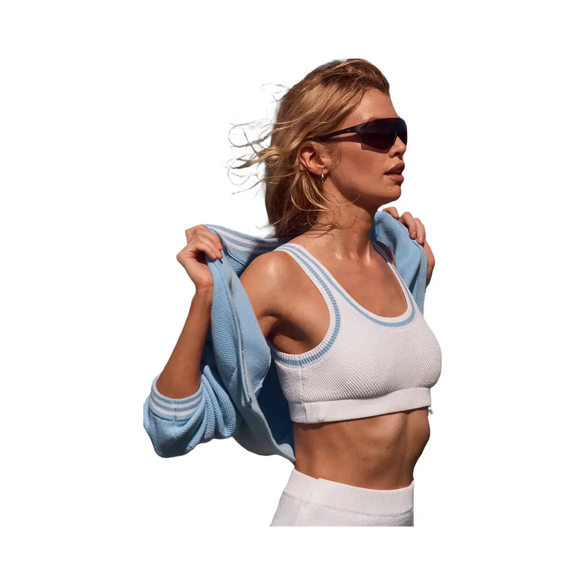 Alo Women's Tennis Club Sweater Knit Bra - White/Seashell Blue