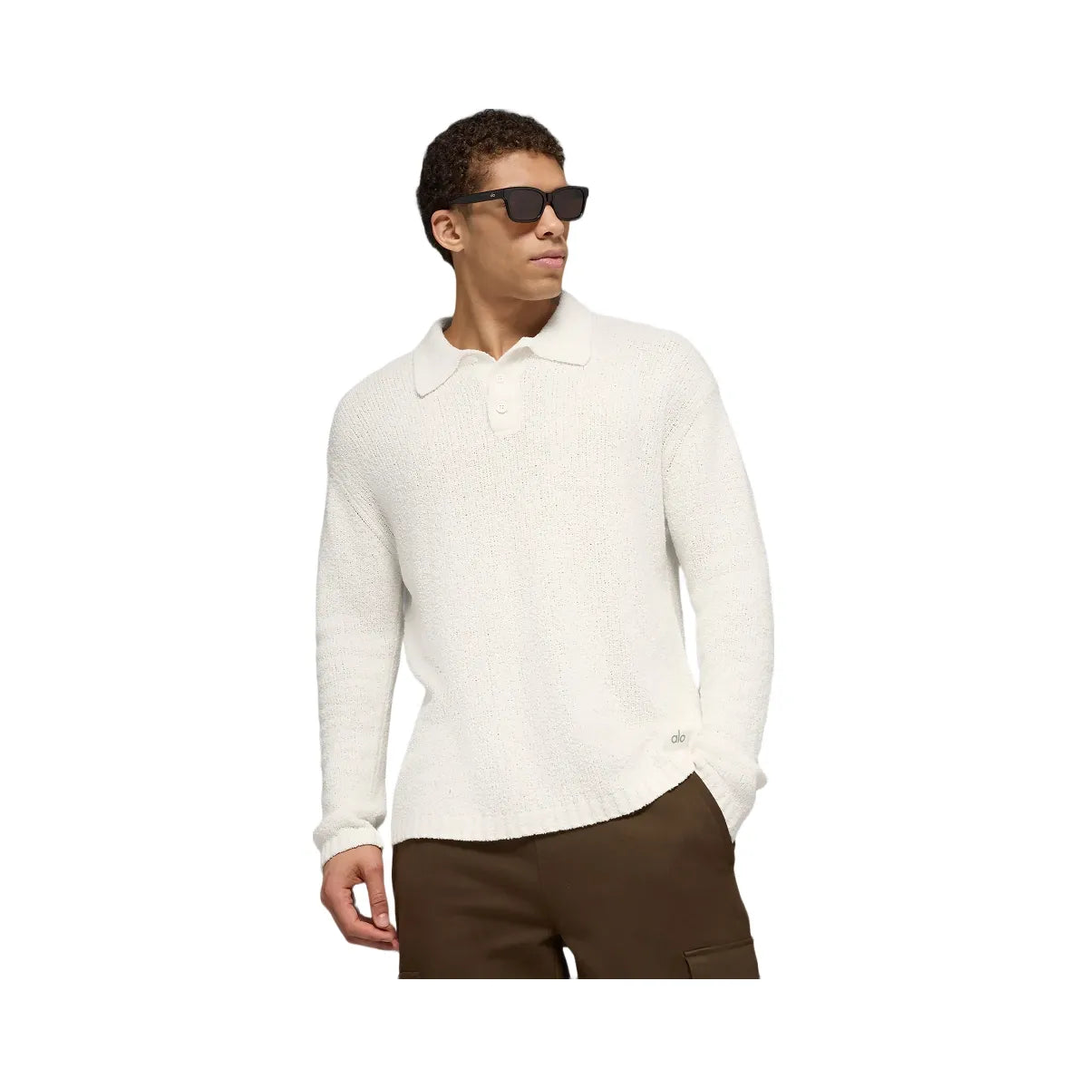 Alo Men's Textured Knit Long Sleeve Polo - Ivory