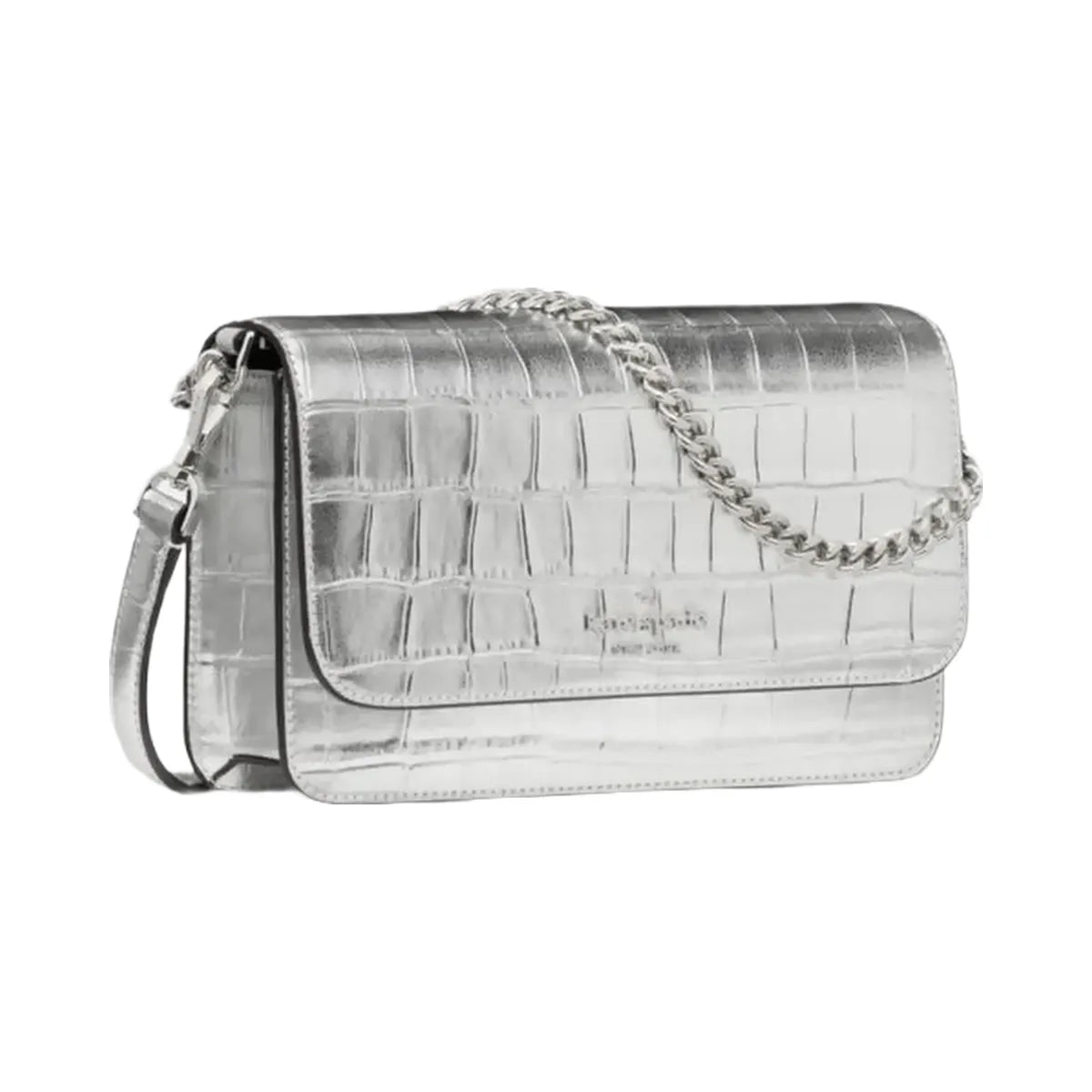 Kate Spade Madison Croc Embossed Willow Mini Flap Crossbody Silver