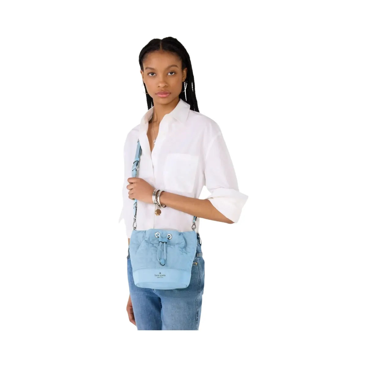 Kate Spade Flower Quilted Fabric Bucket Bag Montauk Blue