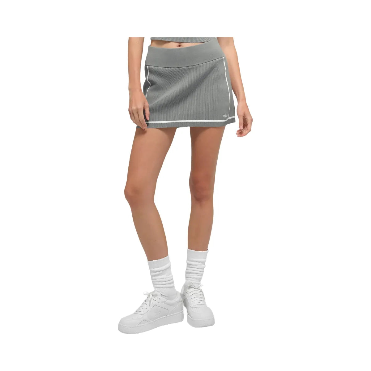 Alo Women's Ribbed Sweater Knit Highline Mini Skirt - Lunar Grey/White
