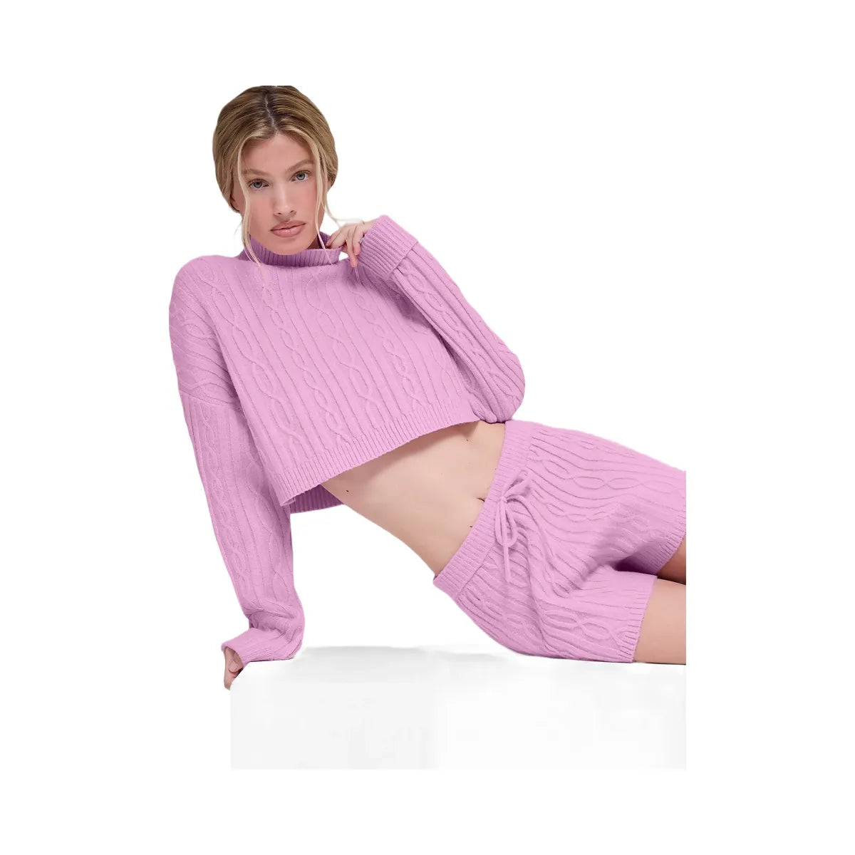 Alo Women's Cable Knit Cropped Winter Bliss Turtleneck Long Sleeve - Candy Heart Pink