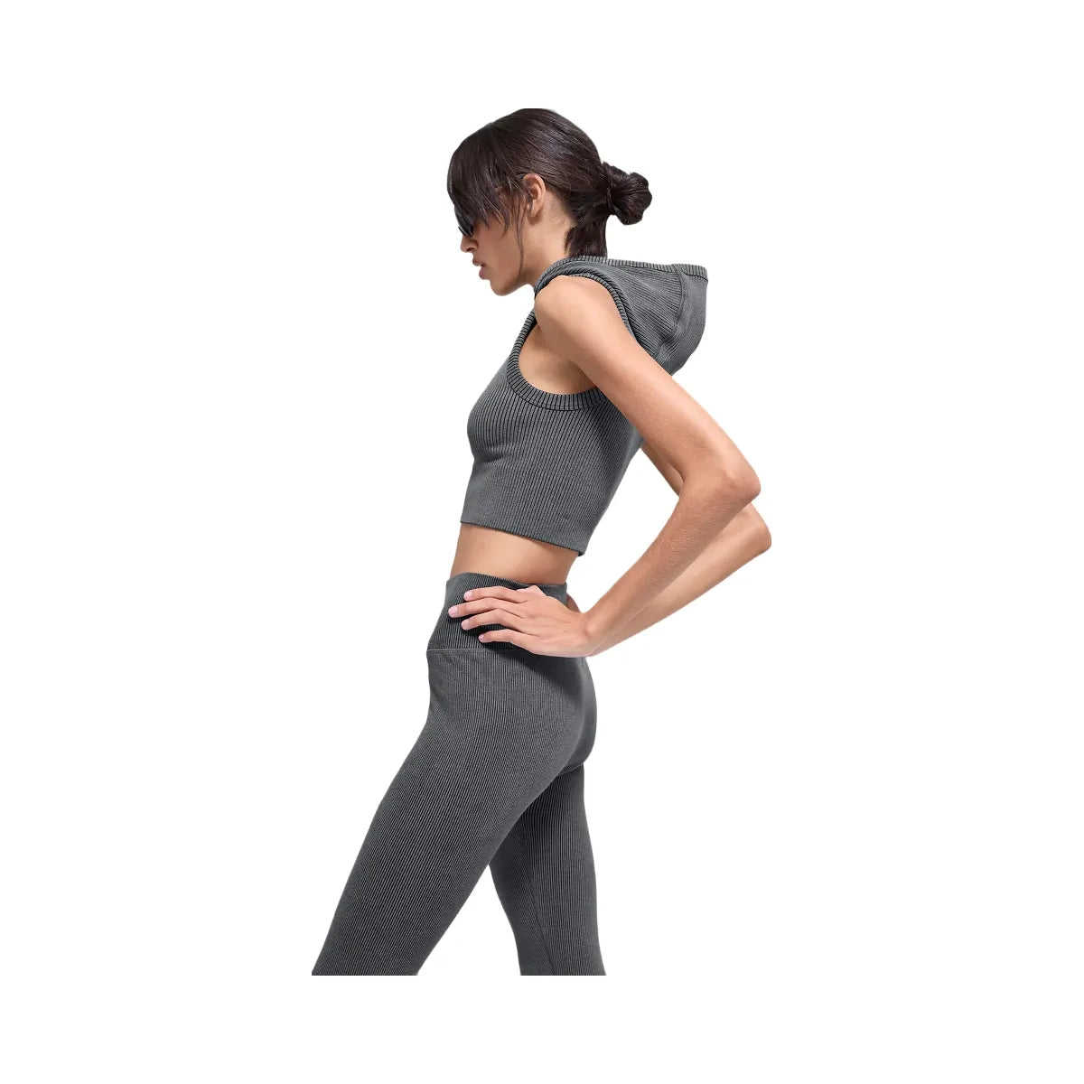 Alo Women's Seamless Two Tone Rib Hooded Vest - Dark Misty Grey Heather