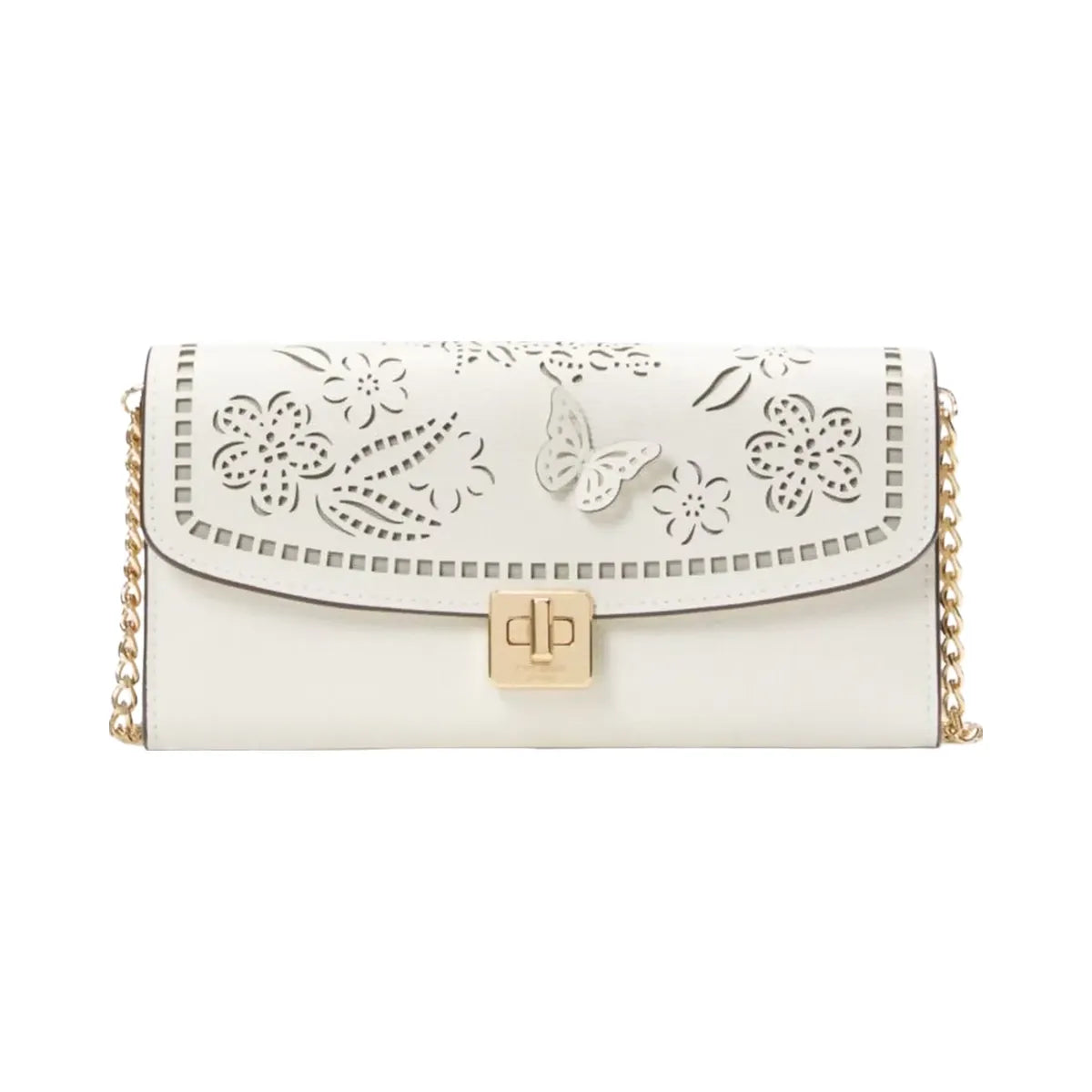 Kate Spade Phoebe Perforated Turnlock Wallet on chain Meringue