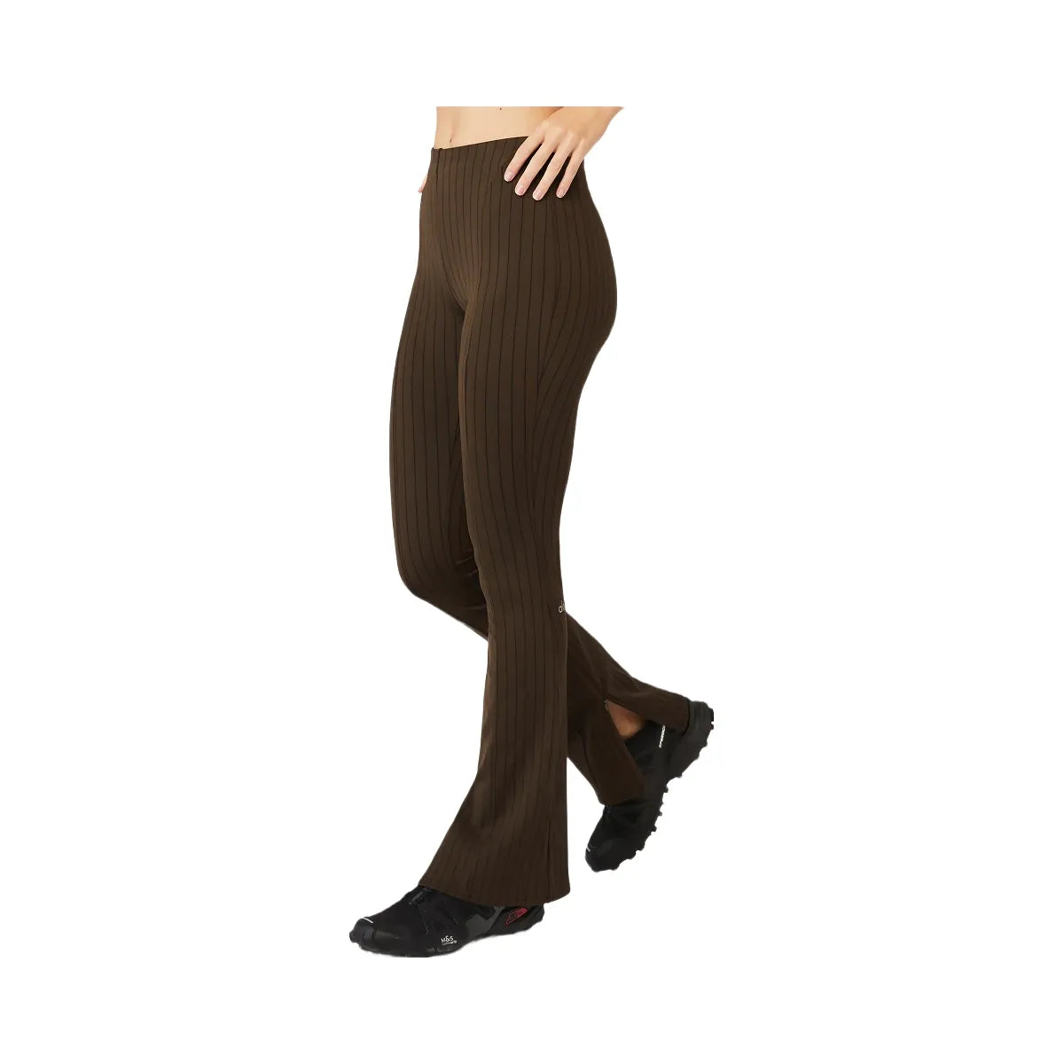 Alo Women's High-Waist Pinstripe Zip It Flare Legging - Espresso/Black