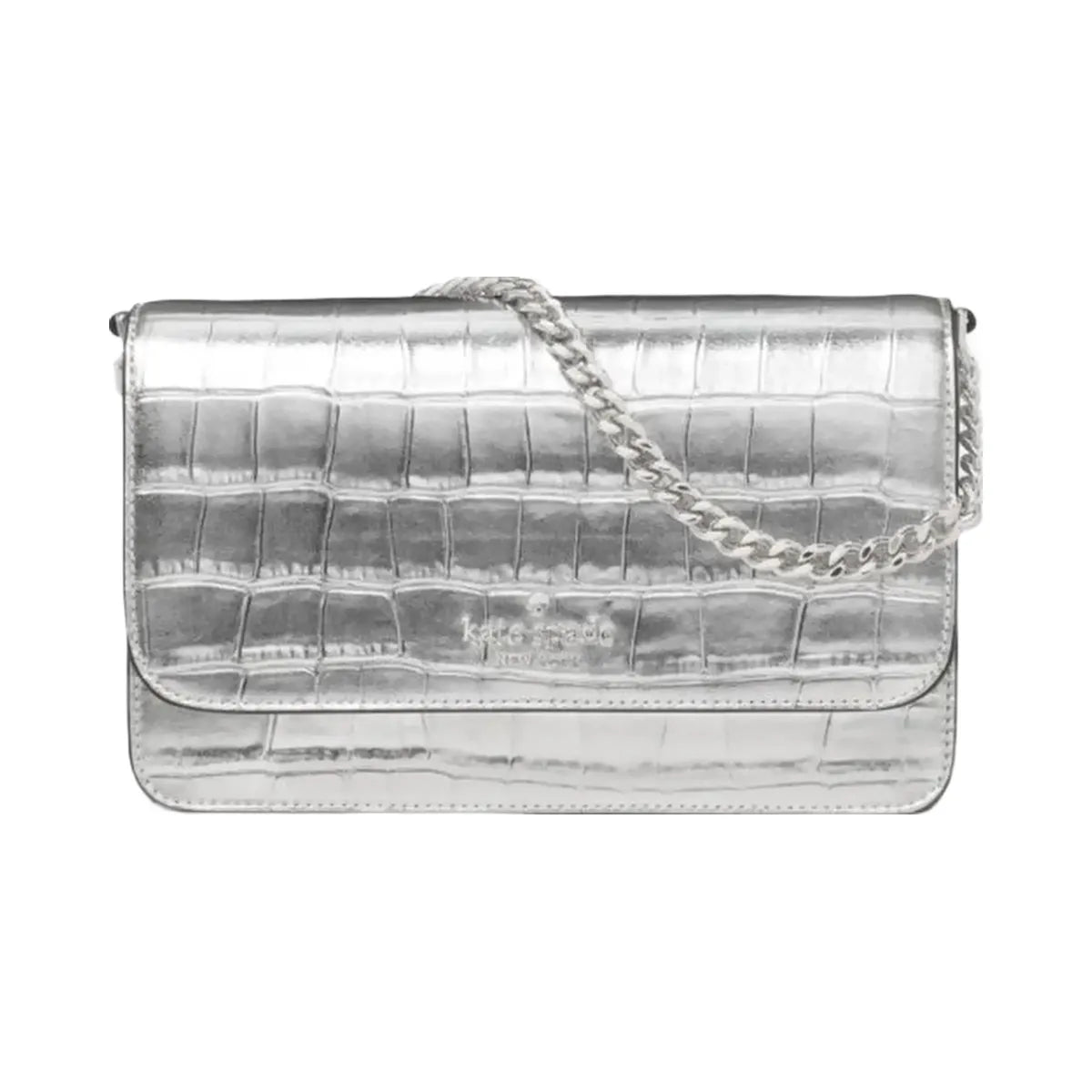 Kate Spade Madison Croc Embossed Willow Mini Flap Crossbody Silver