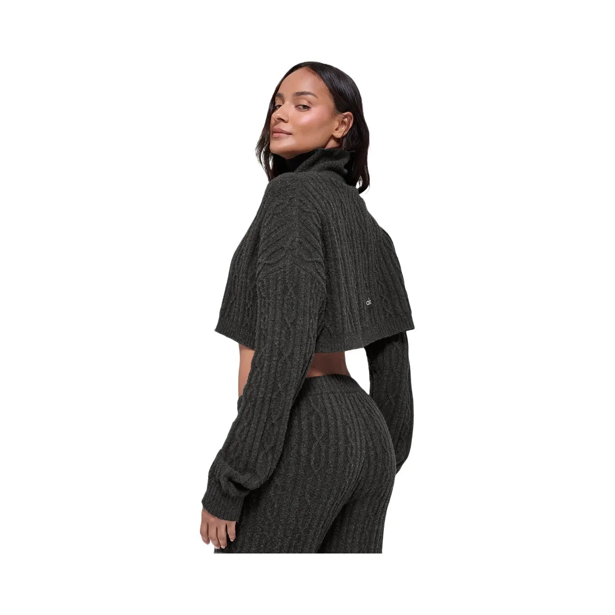 Alo Women's Cable Knit Cropped Winter Bliss Turtleneck Long Sleeve - Dark Heather Grey
