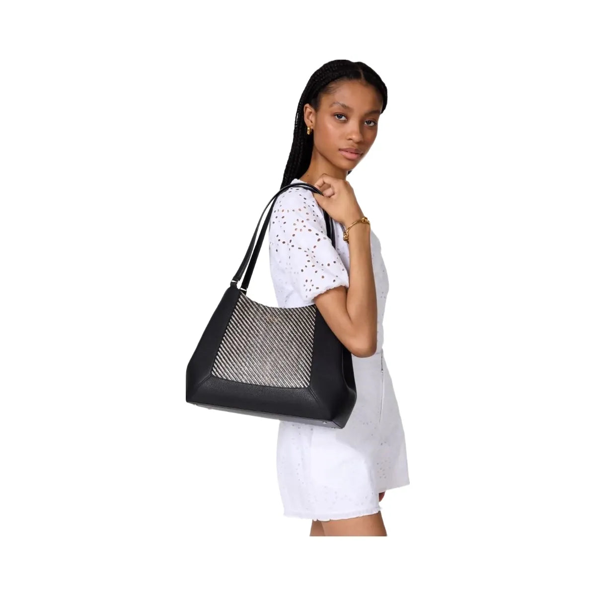 Kate Spade Lena Straw Triple Compartment Shoulder Bag Black Multi