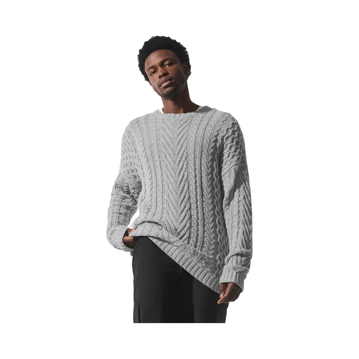 Alo Men's Cable Knit Crew Neck Sweater - Athletic Heather Grey