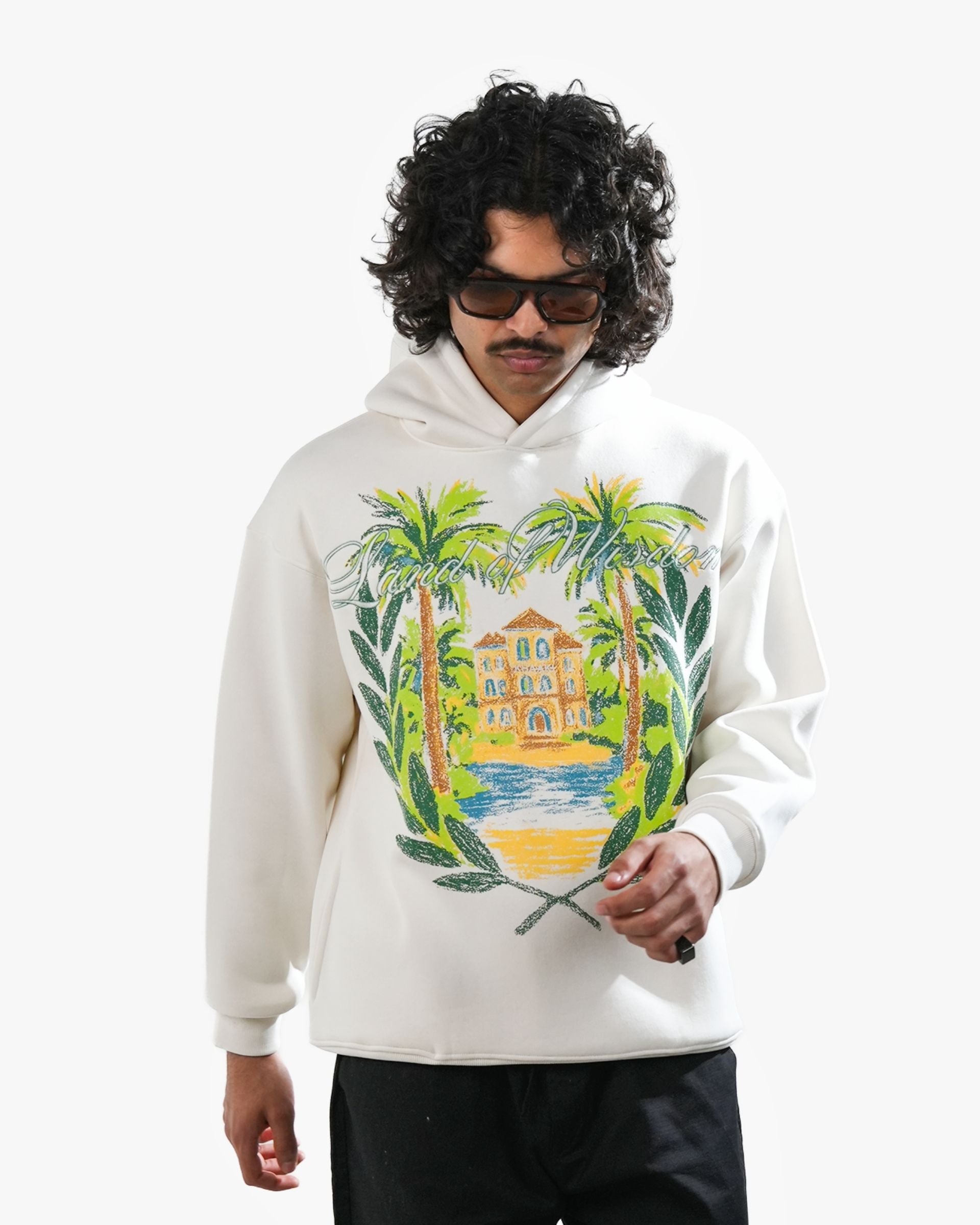 Land Of Wisdom - Off White Printed Oversized Hoodie