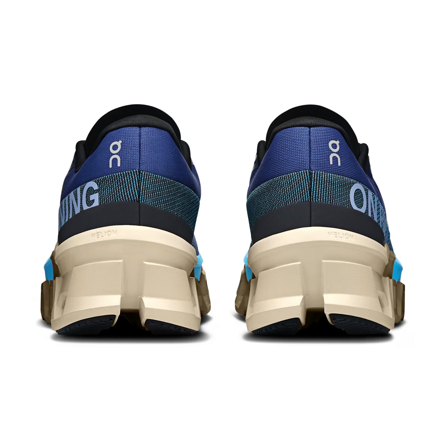 Rear view of blue and beige On running sneakers with cushioned soles and logo accents